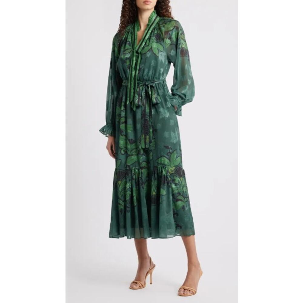 CIEBON Metallic Mixed Print Long Sleeve Dress Green Midi Boho Fairy Whimsy
